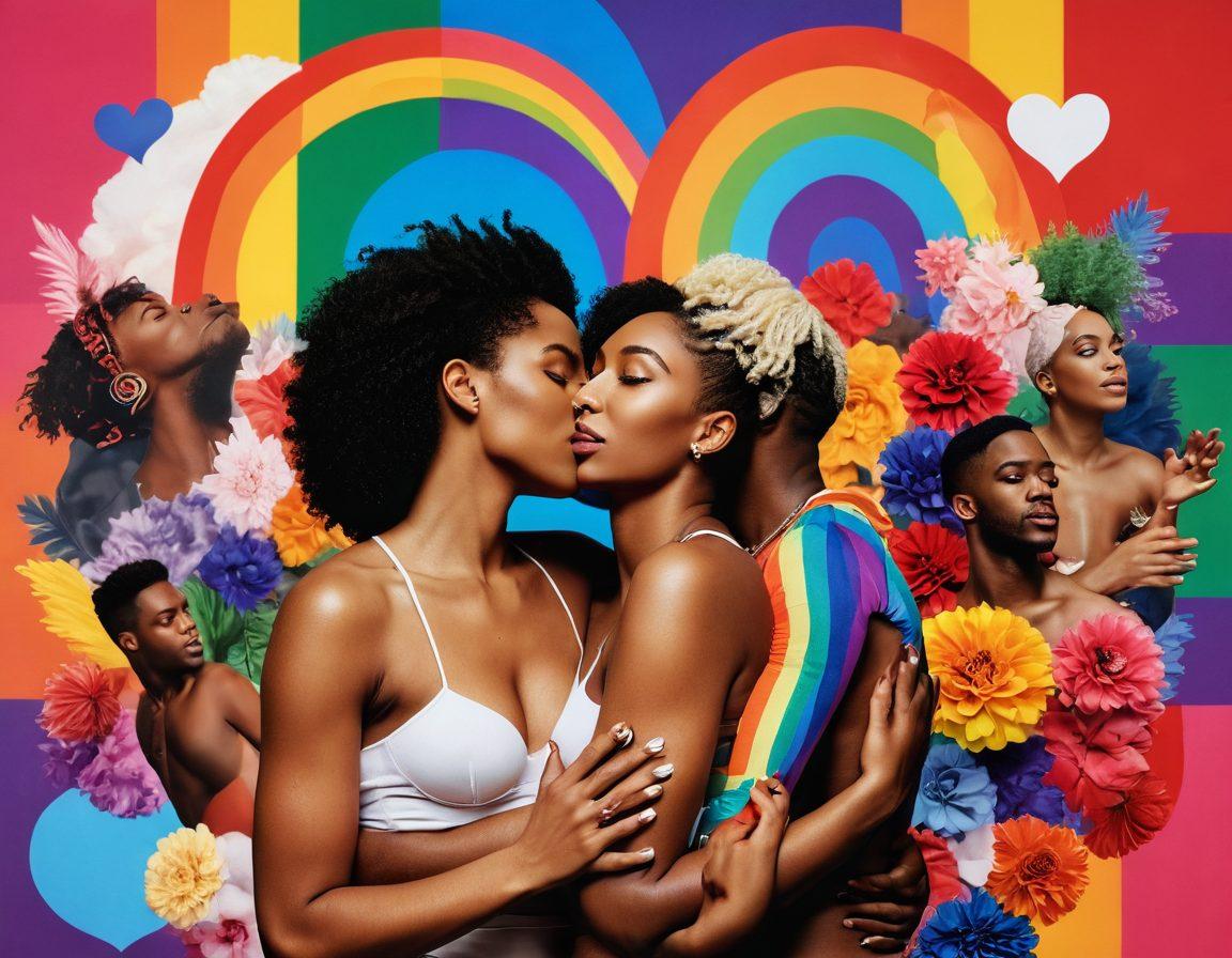 An expressive collage featuring diverse couples in loving, intimate poses, surrounded by vibrant colors and symbols of the LGBTQ+ community. Incorporate elements like rainbows, hearts, and sensual artwork in the background to showcase erotic visuals. The atmosphere should be celebratory and inclusive, capturing the essence of diverse desires and identities. super-realistic. vibrant colors. 3D.