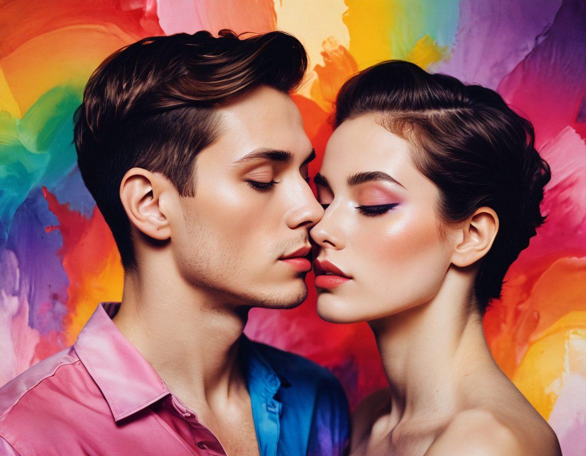 A captivating collage featuring a diverse collection of LGBTQ+ themed artworks, including colorful abstract expressions of love, sensual imagery of intimate moments between couples, and vivid portraits showcasing pride and passion. The background should be a soft gradient that enhances the warmth of the visuals, with elegant framing to evoke a gallery atmosphere. Include hints of light that create a romantic ambiance, inviting the viewer into a world of intimate expression. surrealism. vibrant colors. soft focus.